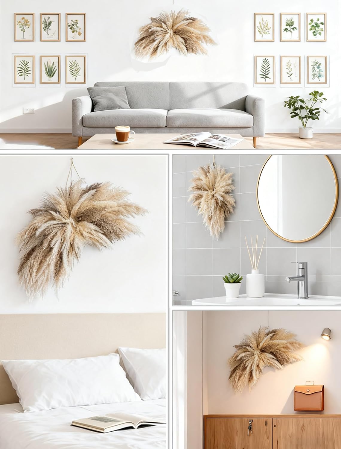 Fluffy Boho Wall Decor - DIY Pampas Grass Kits,Need to Assemble,Decorative Pampas Cloud,Mirror Decorative,for Entryway Bedroom Living Room Bathroom House Warming Gifts New Home Essential