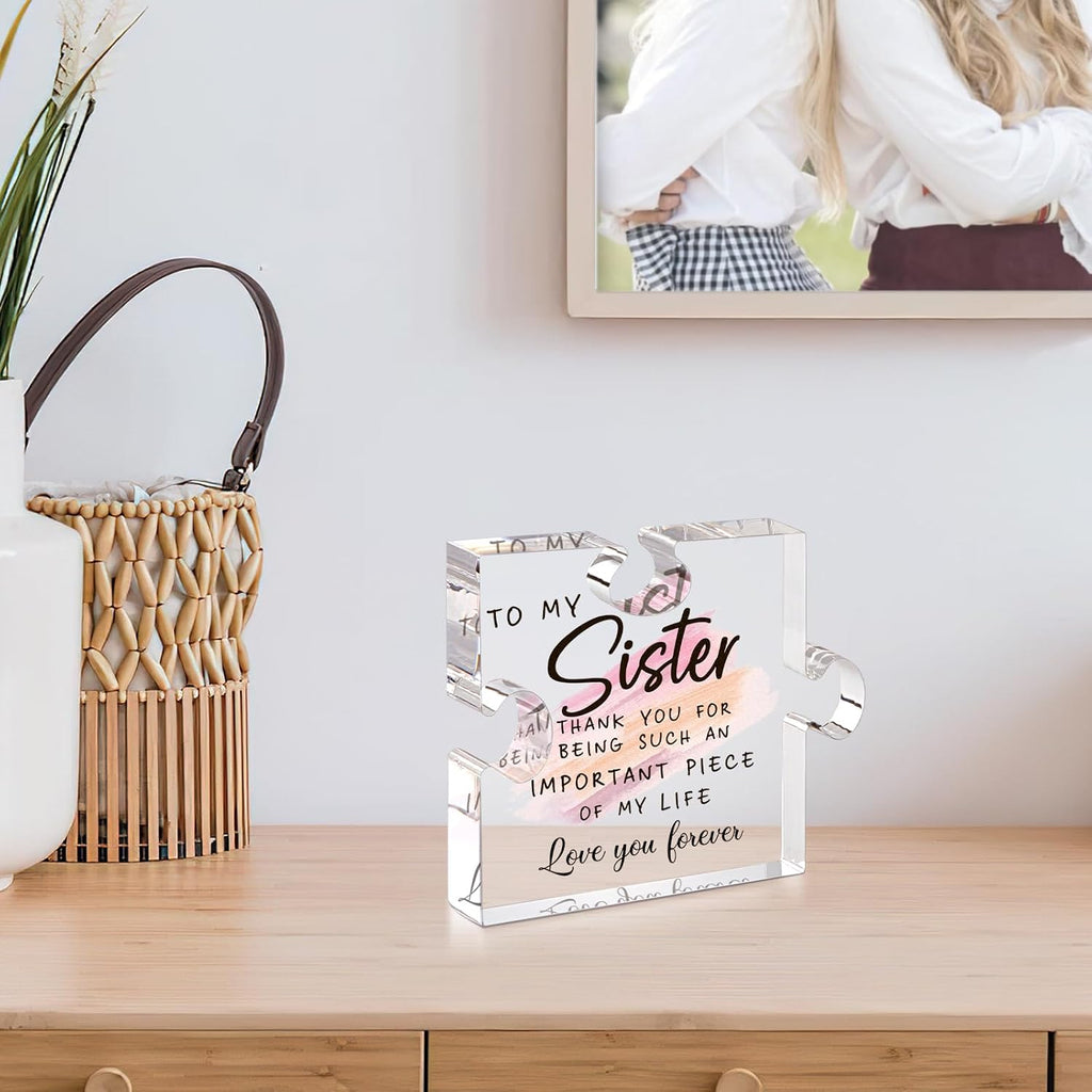 LukieJac Sister Gifts from Sister - Unique Sister Birthday Acrylic Puzzle-Shaped Plaque Desk Decorations Present for Big Sister Mothers Day Christmas Wedding from Sister Brother