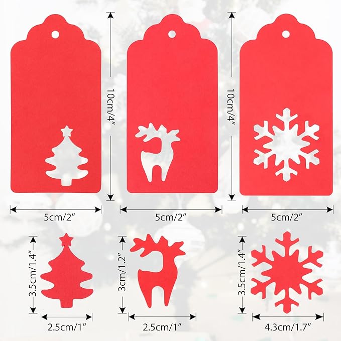 jijAcraft Christmas Gift Tags - 150Pcs Christmas Tags with String, Blank Red Paper Hollow Trees, Rudolph, Snowflake Shapes Holiday Labels for Xmas Party Favors, DIY Crafts, Jar