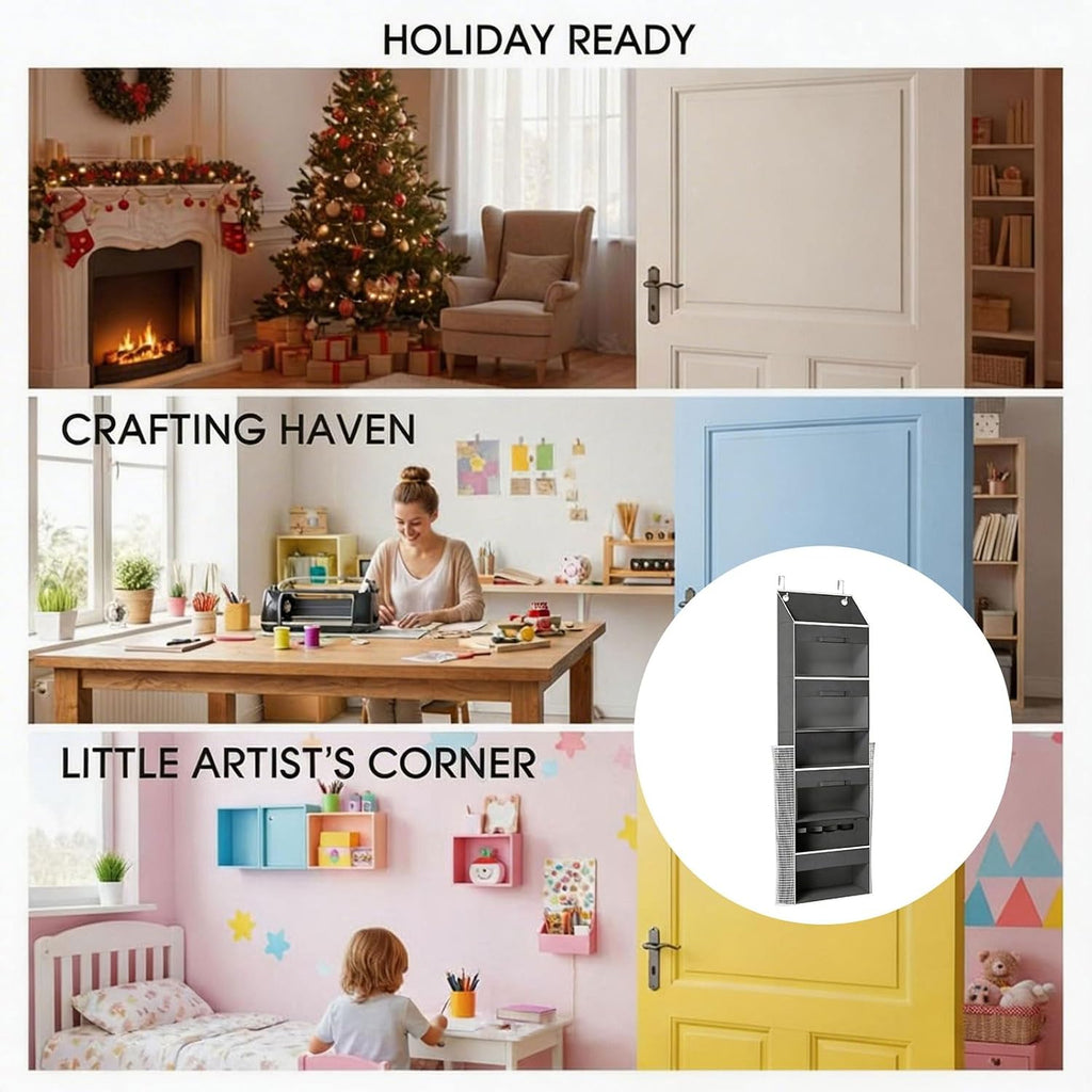 Over Door Wrapping Paper Storage Organizer, 4-Tier Non-Woven Hanging Gift Wrap Holder with 2 Removable Drawers, Space-Saving Vertical Organizer, 14.5 x 6.7 x 55.5 in