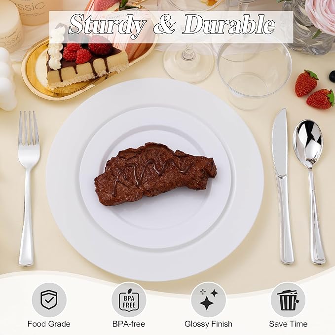100PCS White Plastic Plates Set, 50 10.25 inch Dinner Plate and 50 7.5 inch Dessert Plates, Premium Disposable Plates for Party, Wedding