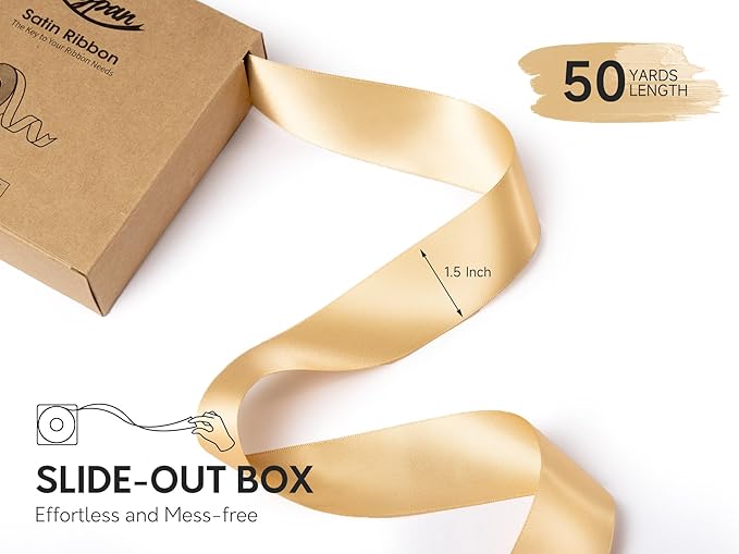 Champagne Satin Ribbon 1-1/2 Inch 50 Yards Double-Faced Polyester Ribbons for Hair Bows Gift Wrapping Crafts Floral Bouquet Wedding Invitations