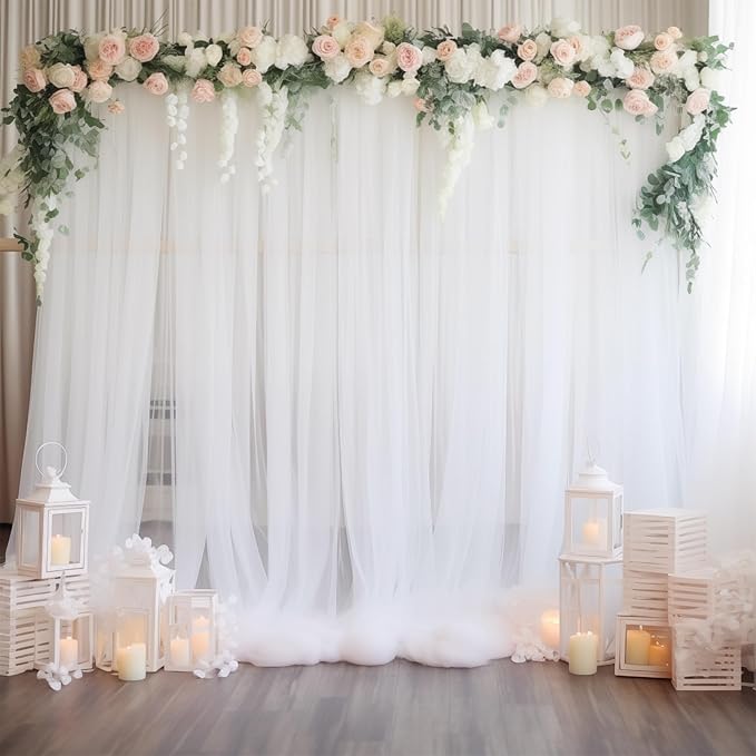 20x10 White Tulle Backdrop Curtains for Parties, Sheer Backdrop Curtain Wedding Photo Background Drapes for Baby Shower Photography Birthday Party