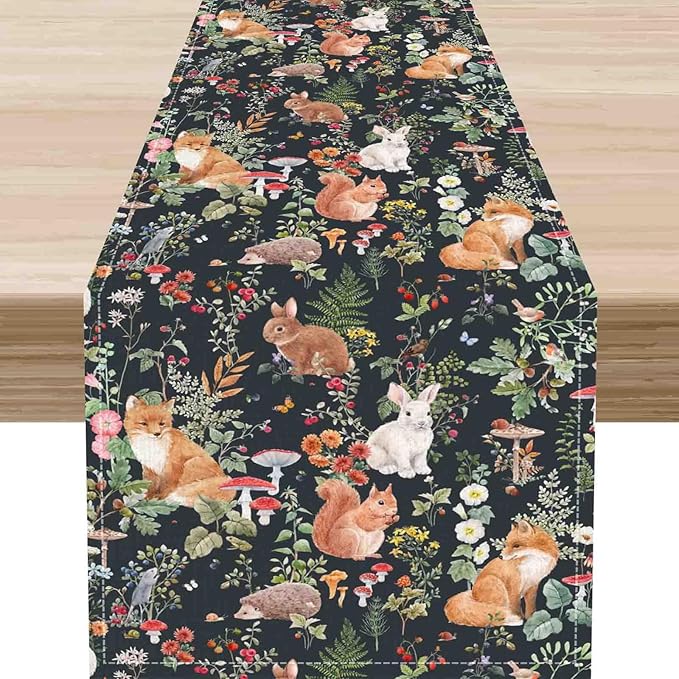 Rustic Forest Table Runner, Farmhouse Wild Woodland Animals Country Deer Fox Rabbits Watercolor Table Center Decor for Home Kitchen Dining Patio Holiday Party Outdoor Table Decorations, 13"x90" Inch
