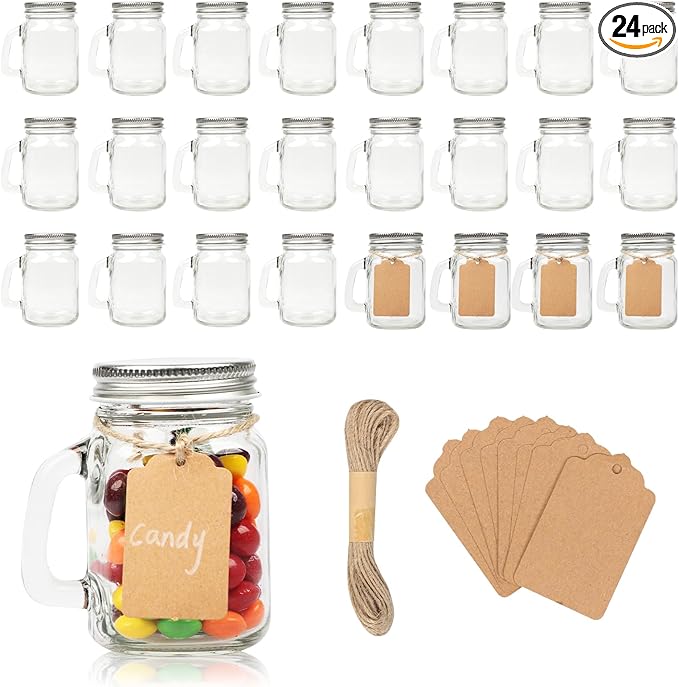 4 oz Small Mason Jar Mugs with Handle, 24 Pack Mini Glass Jars with Airtight Metal Lids, Empty Glass Mugs with Kraft Paper Gift Tag for Party Wedding Favor