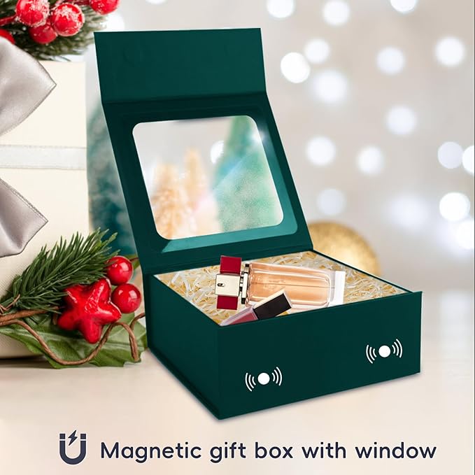 TIACABO Green Gift Box with Window,7.5"x7.5"x3.1" Bridesmaid Boxe for Gifts Giving,Birthday Gift Boxes with Magnetic,Closure Lid Gifts Boxes for Presents,Cute Box,Luxury for Gift Packaging