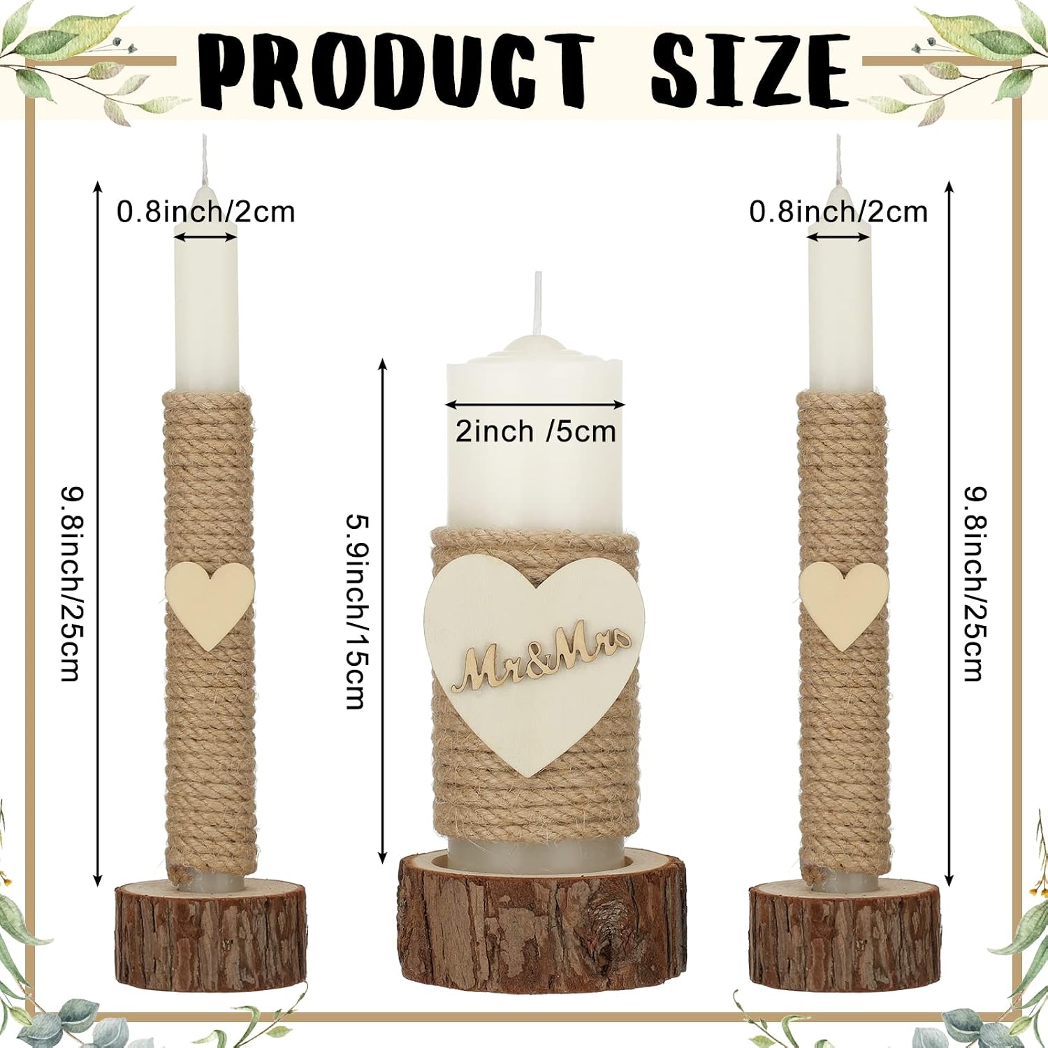 Amyhill 3 Pcs Rustic Unity Candles for Wedding Ceremony Set Mr and Mrs Burlap 1(5.9'') Pillar 2(9.8'') Taper Candles for Weddings Ceremony Events Decor Emergency Lighting(Romantic Style)
