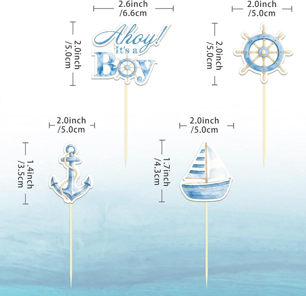 24 Pcs Ahoy It's a Boy Cupcake Toppers, Ahoy Its a Boy Baby Shower | Food Fruit Picks for Decoration Party Favors