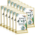 4x6 Gold Acrylic Sign Holder, 12 Pack Wedding Table Number Holder Stands with Vertical Gold Borders, Double Sided Picture Frame Paper Stand, Clear Photo Display Menu Holder for Party, Home, Restaurant