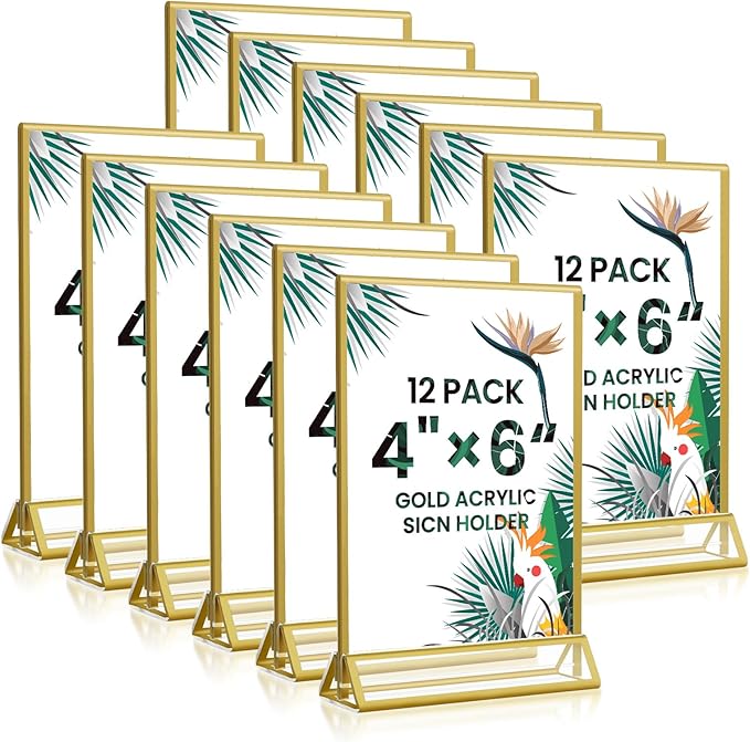 4x6 Gold Acrylic Sign Holder, 12 Pack Wedding Table Number Holder Stands with Vertical Gold Borders, Double Sided Picture Frame Paper Stand, Clear Photo Display Menu Holder for Party, Home, Restaurant