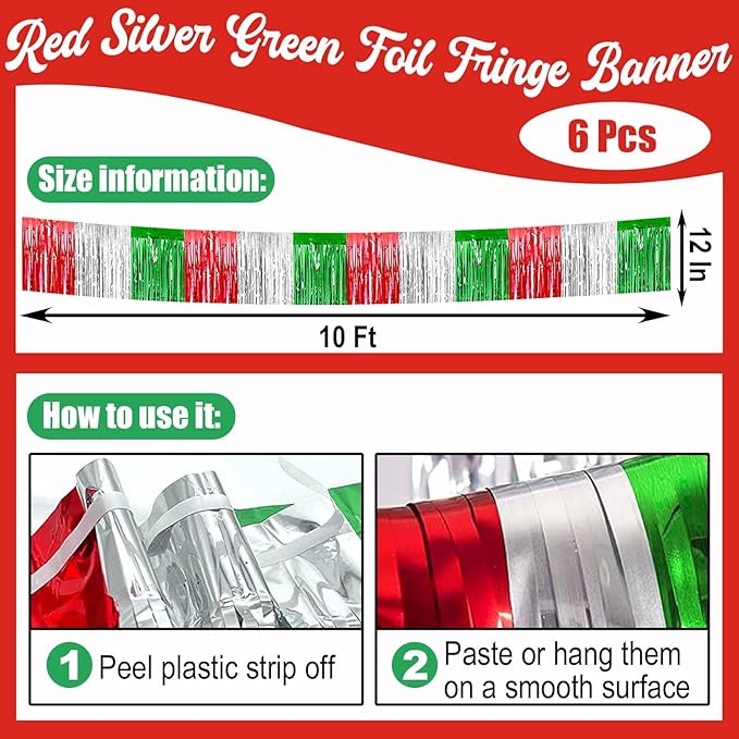 6 Pack 10 Feet Foil Fringe Garland Metallic Tinsel Streamers Banner Wall Hanging Backdrop Banner for Parade Floats, Valentine's Day, Wedding, Birthday, Mardi Gras Party Decorations Red Silver Green