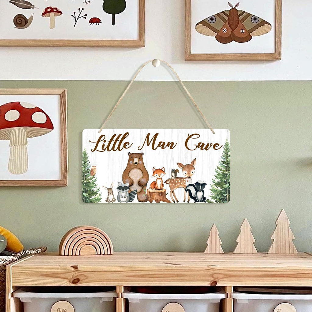Uflashmi Wood Little Man Cave Sign, Woodland Animal Nursery Wall Decor for Baby Boys Room, Woodland Theme Nursery Room Decor for Toddler Boy, 12”x6”