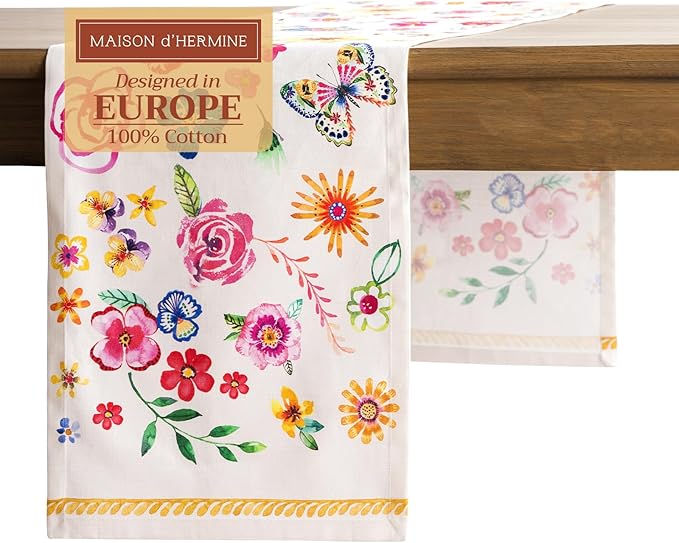 Maison d' Hermine Table Runner 100% Cotton Single Layer Table Runners 108 inches Long Decorative for Home Dining Party Wedding Bridal Shower Spring Summer (Happy Florals - Sweety, 14.50" x 108")
