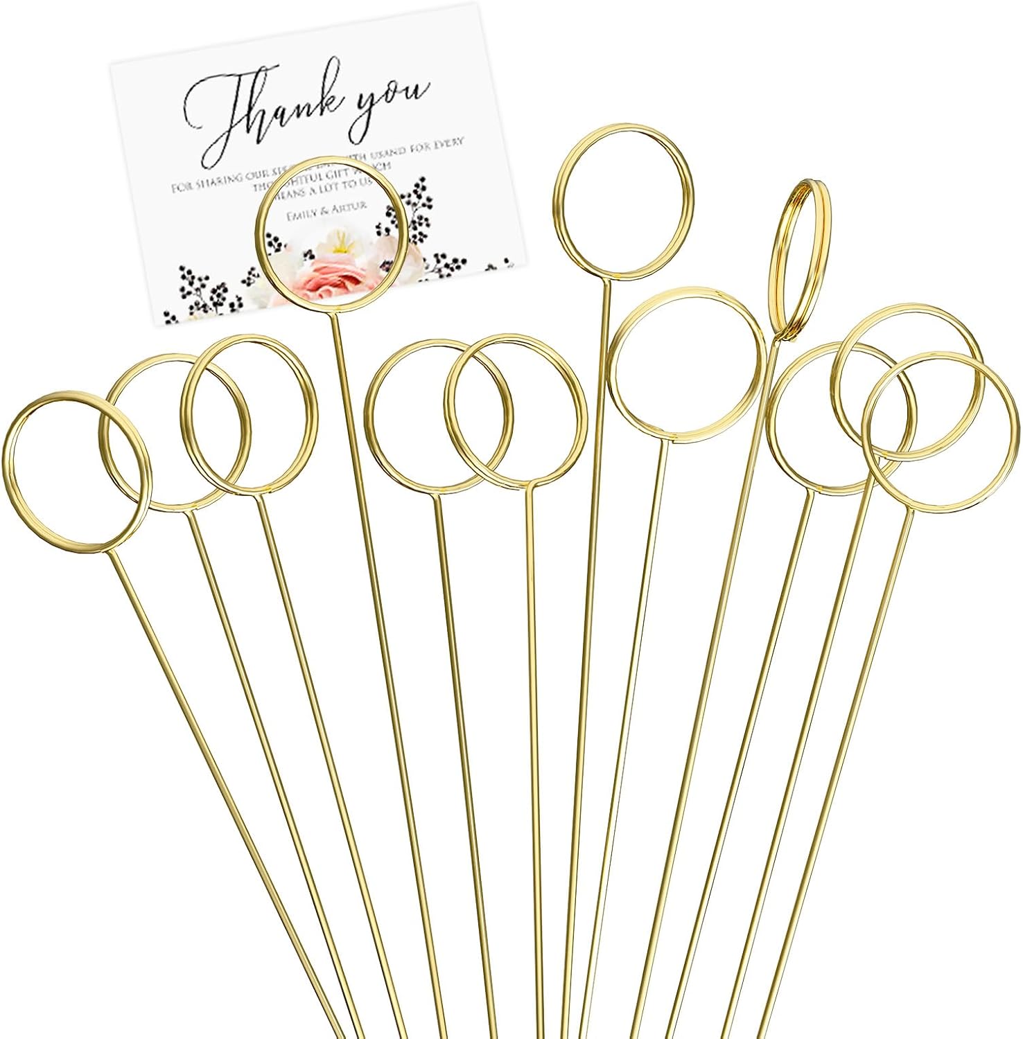 30 Pack Strong Grip Gold Floral Card Holder Picks (13.4 Inch) | Premium Metal Flower Picks for Table Centerpieces, Picture Holders for Table, Photo Card Holder Stick for Flower Arrangements