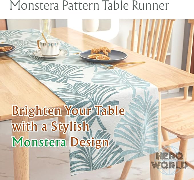 Monstera Leaf Table Runner – Elegant Fabric Table Centerpiece, Machine Washable, Gold or Green, 71"/83"/94" Length, 13" Width (Green/94)