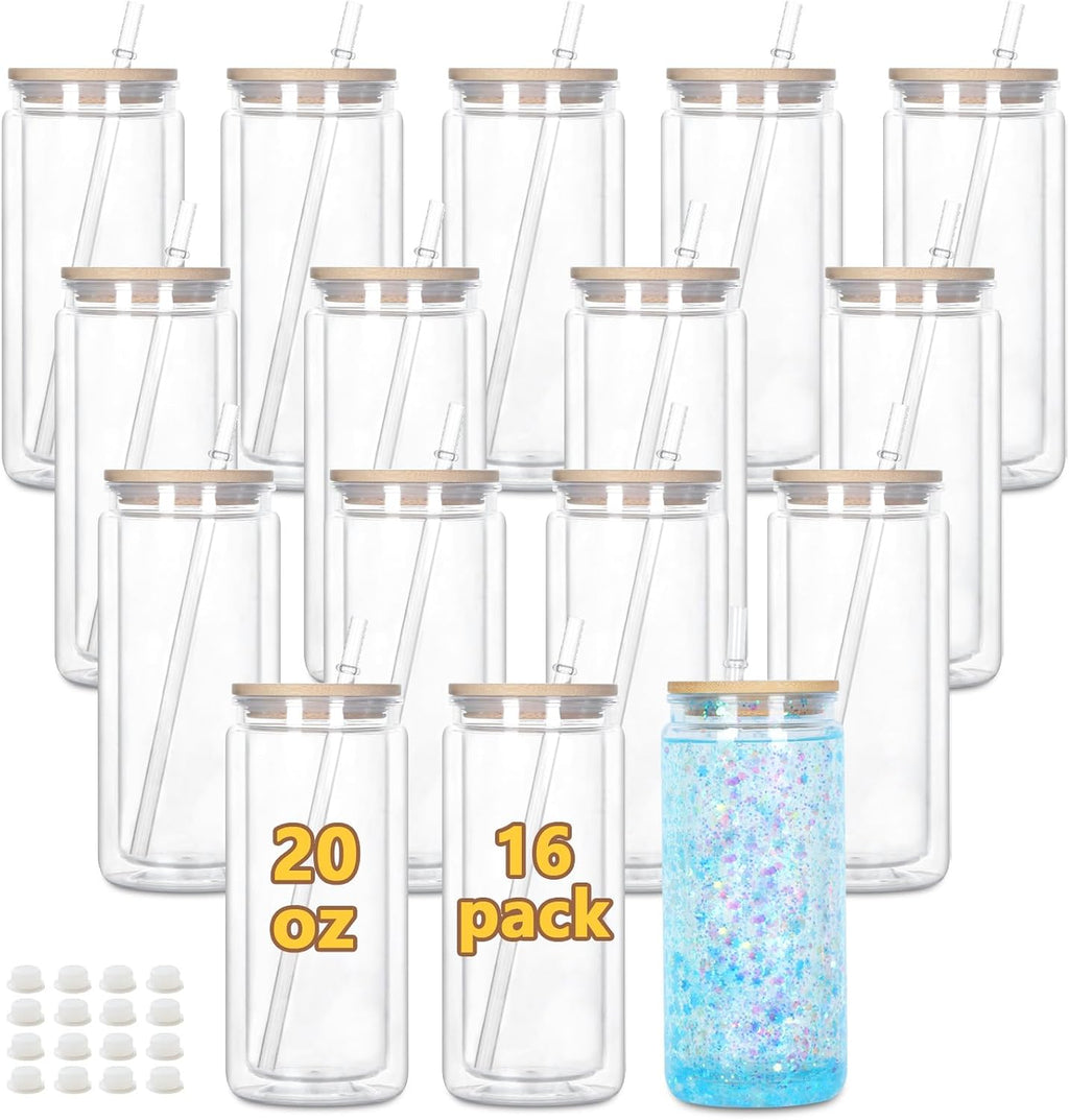 20 Oz Acrylic Snow Globe Tumbler, 16 Pack Pre-Drilled Double Wall Plastic Snowglobe Cup for Glitter Snow Globe Diy, with Bamboo Lid