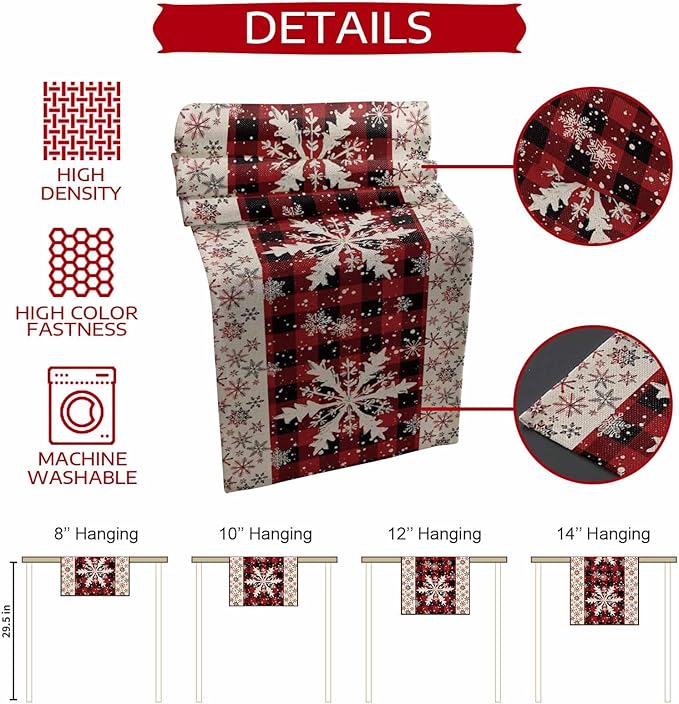 Buffalo Plaid Christmas Cotton Linen Table Runner for Dining Kitchen, Snowflake Red Black Check Wedding Outdoor Party Tablerunner Decoration, Retro Dresser Scarf Coffee Tablecloth Runners 13x48 Inches