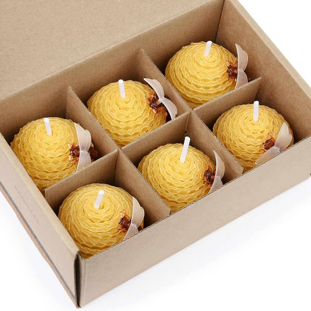 DEYBBY Natural Beeswax Candles Set of 6, Small Bees Wax Votive Candles with Little Bee Decorations as Housewarming Birthday Event Gift Party Favor (Yellow)