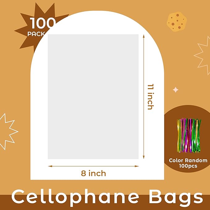 NPLUX 100 Pack Cellophane Bags Small Plastic Cookie Bag Clear Treat Bags with Twist Ties for Small Gift Party Favors, Bakery, Candy, Popcorn (8×11In)