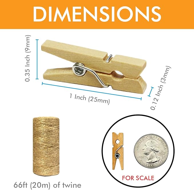 Mini Wooden Clothespins With Jute Twine, 250pcs, 1 Inch Photo Paper Peg Pin Craft Clips With 66ft Natural Twine for Scrapbooking, Arts & Crafts, Hanging Photos (Natural Color)