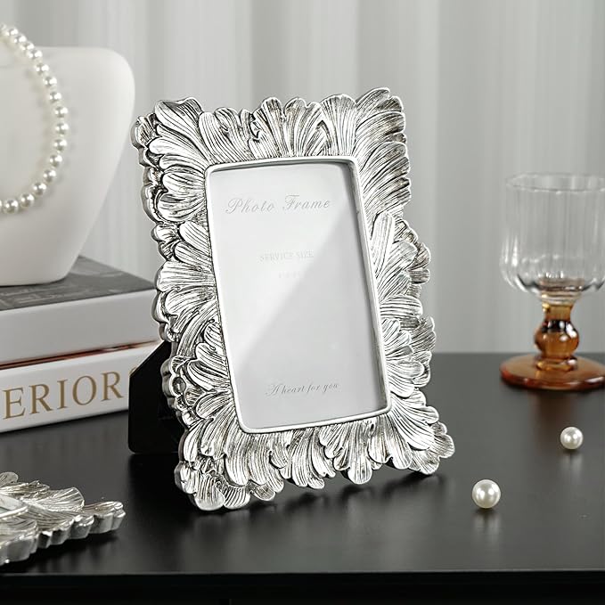 4x6 Silver Picture Frame, Vintage Silver Palm Leaves Textured Hand-Crafted Resin Frames with Glass Front, Elegant Retro Rustic Design Photo Frame for Wall and Tabletop Display Home Decor