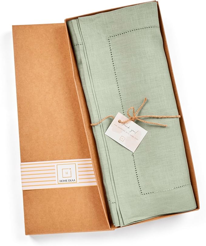 Linen Table Runner 14 x 120 Inch Long - 100% Pure Linen Christmas Sage Green Table Runner - Cloth Fabric Hemstitch Runner for Thanksgiving, Christmas, Winter, New Year - Elara