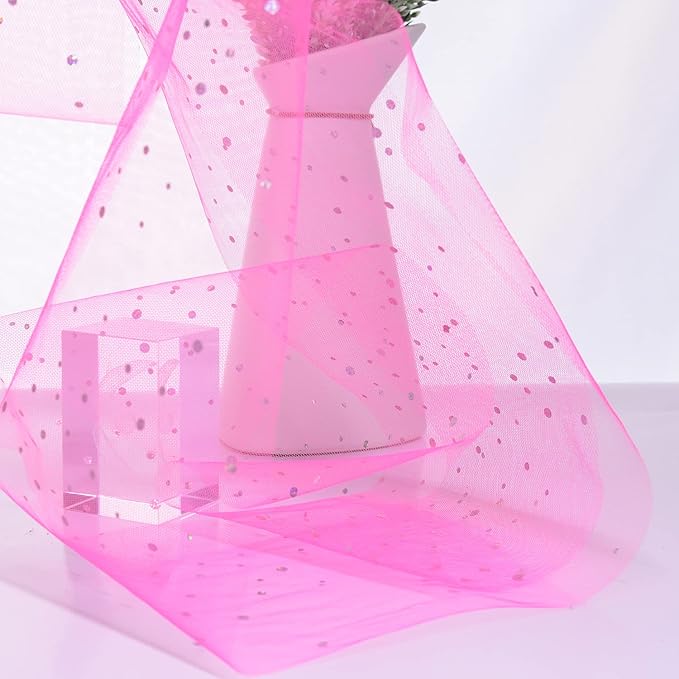 Glitter Tulle Rolls, 6' by 50 Yards (150FT) Sequin Tulle Netting Fabric for Tutu Skirts Sewing Birthday Wedding Party Decoration (Dark Pink)