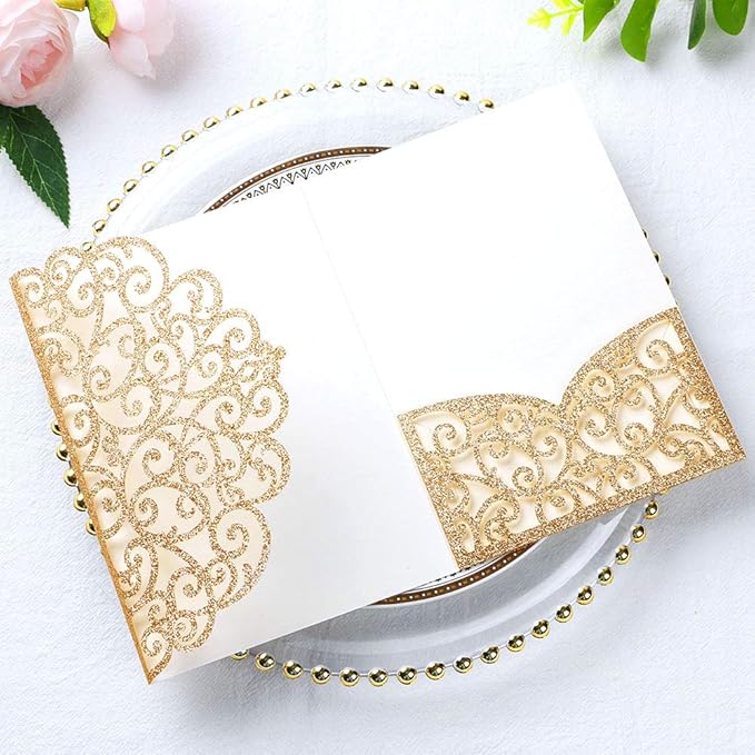 ponatia 5.12 x 7.2 Laser Cut Invitation Pocket, 20PCS Tri-Fold 5 x 7 Laser Cut Wedding Invitation Pockets with Envelopes for Wedding Bbay Shower Birthday Invite (Gold Glitter, No Inner Sheet)