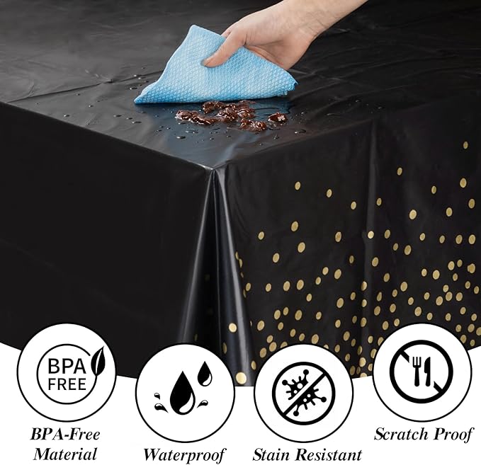 Goodluck 352 Piece Black Dinnerware Set for 50 Guests, Black Square Plastic Plates with Gold Trim, Include: 100 Plastic Plates, 50 Rolled Napkins, 50 Cups, 50 Cutlery Set and 2 Tablecloth