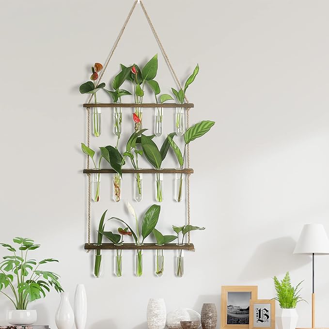 YIBOT Propagation Stations,3 Tiered Wall Hanging Terrarium with Wooden Stand,Mini Glass Test Tubes Vase,Propagation Tubes for Hydroponic Cutting Home Garden Office Decor Plant Lover Gift
