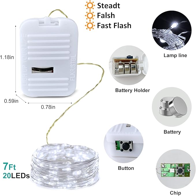 24 Pack Led Fairy Lights - White, Battery Operated LED Silver Wire String Lights, 7FT 20LED Mini Firefly Starry String Lights Waterproof Led Twinkle Lights for Mason Jar DIY Christmas Decor