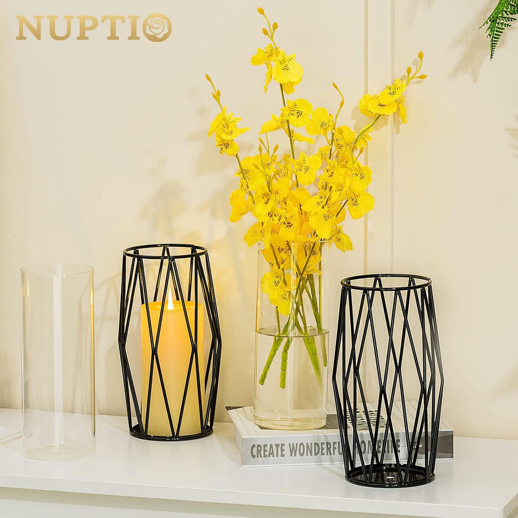 NUPTIO Black Geometric Hurricane Glass Candle Holder, 1 Piece | Compact Diamond Frame, Clear Cylinder Vase, for Flowers, Pillar & Floating Candles, Office or Dining Table Decor