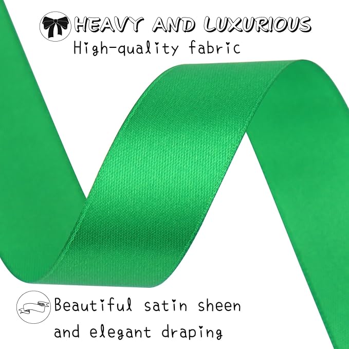 Green Solid Satin Ribbon 1 Inch 50 Yards Solid Polyester Fabric Ribbon for Gift Wrapping Wedding Christmas Baby Shower Birthday Party Decoration Handmade Immortal Flower Craft