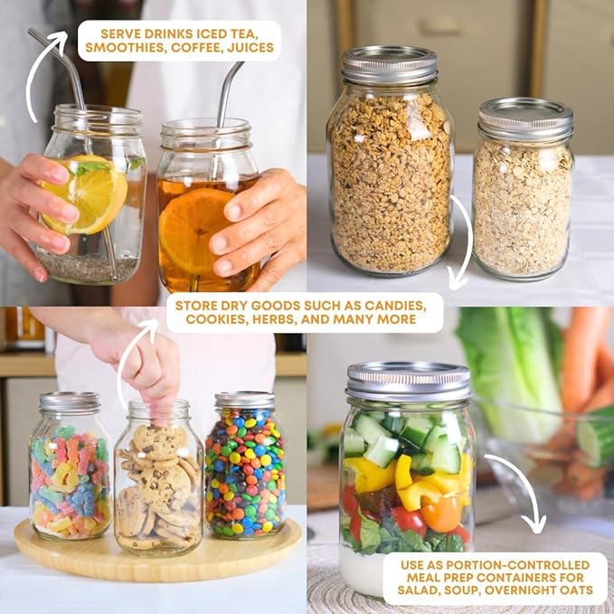 FastRack Regular Mouth Mason Jars 16 oz with Airtight Lids – Pack of 4 | Empty Glass Canning Jars for Food Storage, Fermentation, Pickling Canning, Meal Prep, Pantry Organization & Kombucha Brewing