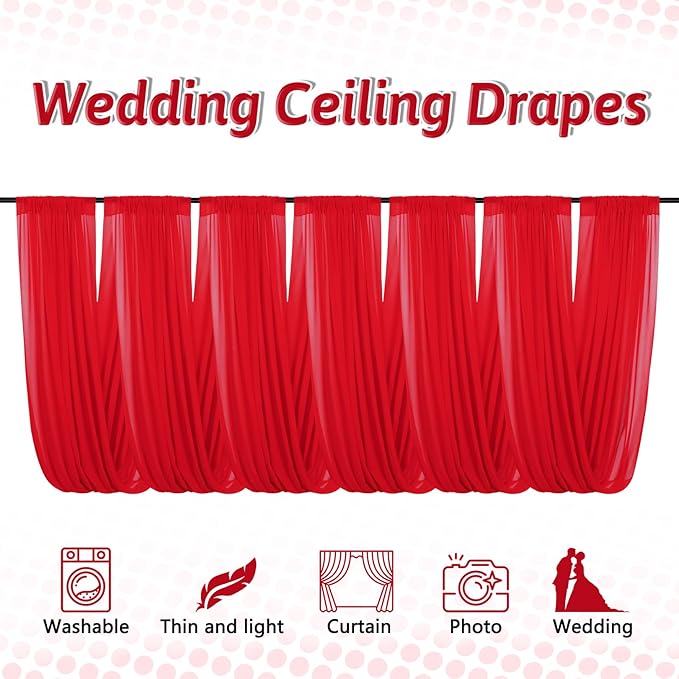 DUOBAO Ceiling Drapes 5FTx10FT Red Backdrop Curtains for Tent Drape Elegant Events Dark Red Wedding Arch Draping Fabric Sheer Chiffon Curtain for Banquet Room Graduation Prom, 6 Panels 5×10ft