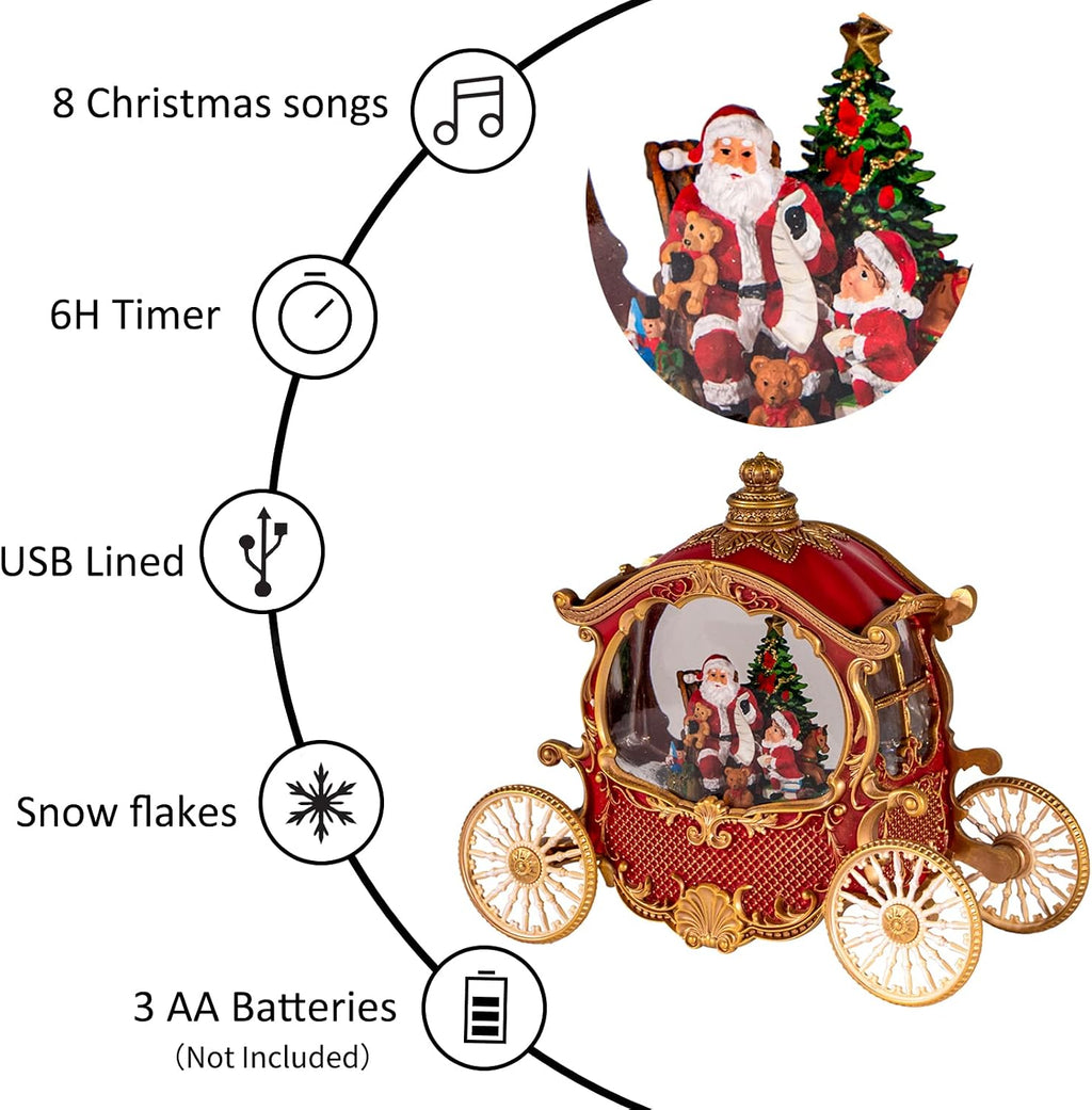 Christmas Snow Globes,Christmas Carriage Snow Globe with 8 Music & Timer, Battery Or USB Cable Powered Operated Glittering for Christmas Table Centerpiece Decoration.Gift- Santa,Christmas Tree