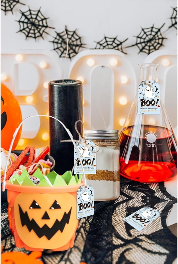 Aukolass 50Pcs Boo Gift Tags, Halloween Treat Tag for Spooky Boy Ghost Party Favor and Gift Wrapping Decoration (Blue Boo)