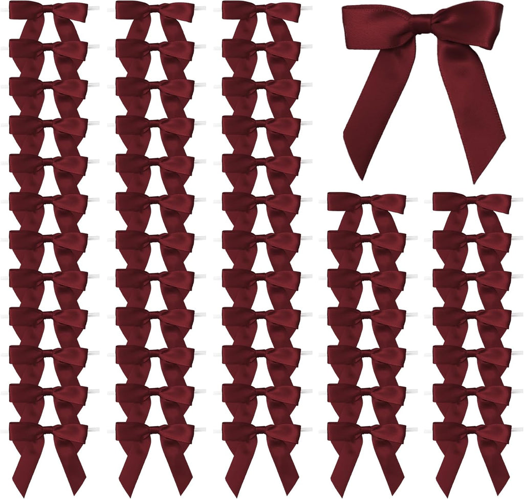 Satin Ribbon Bows for Gift Wrapping - 2.5 Inch Premade Bows with Twist Ties for Treat Bags, Birthday, Baby Shower, Wedding & Party Decorations - 50 Count (Burgundy)