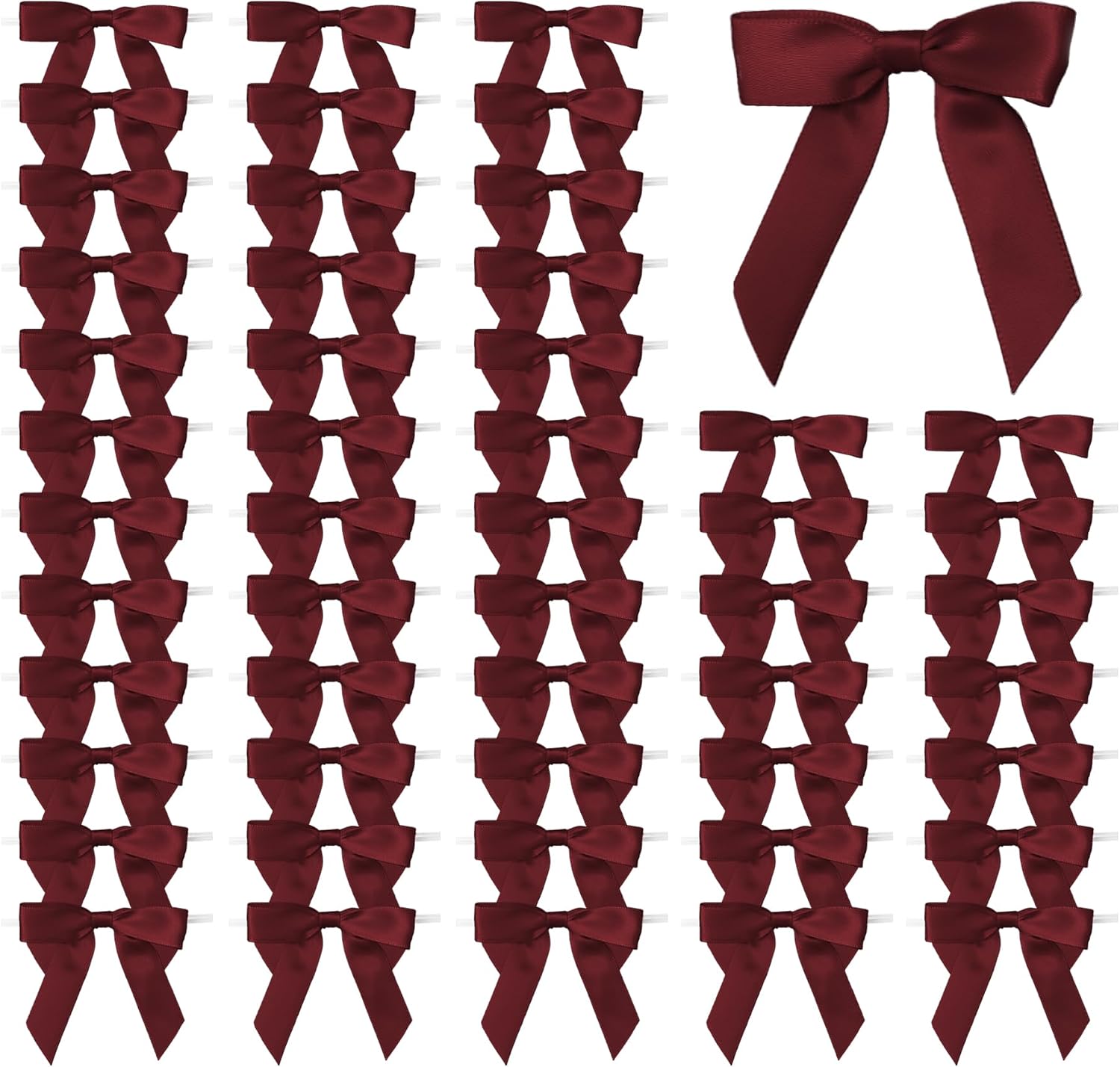 Satin Ribbon Bows for Gift Wrapping - 2.5 Inch Premade Bows with Twist Ties for Treat Bags, Birthday, Baby Shower, Wedding & Party Decorations - 50 Count (Burgundy)