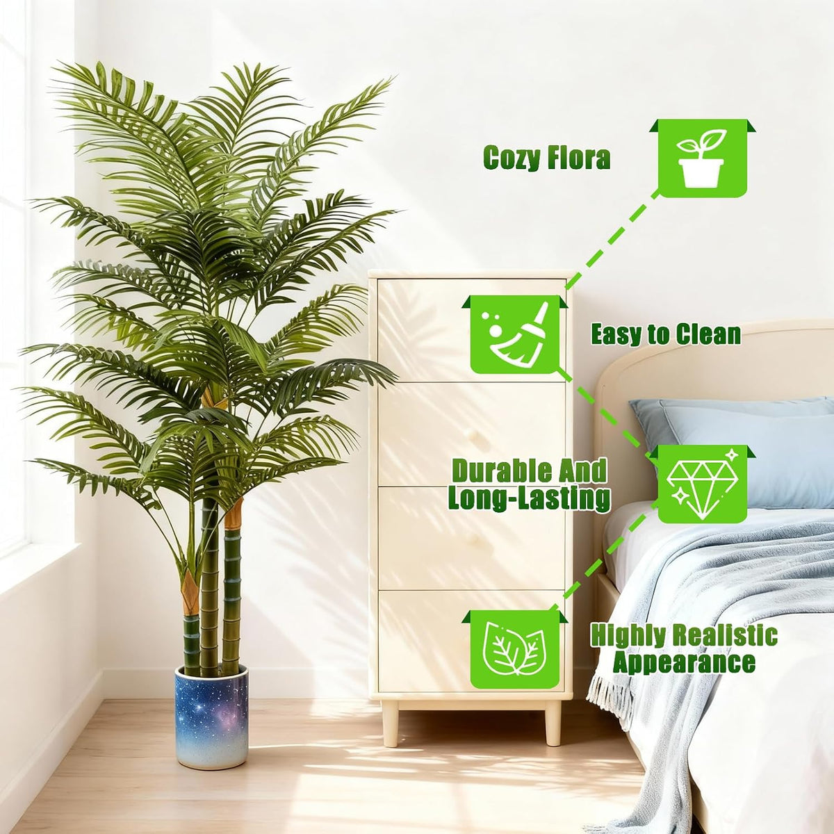 6ft tall golden cane artificial palm tree, large on a desk or shelf