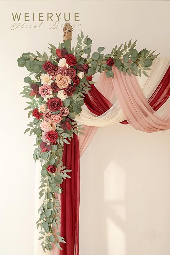 Deluxe Wine Red Artificial Wedding Arch Flowers with Drapes Kit-Pack of 5, 2pcs Flower Arrangements 3pcs Hanging Valance Red Ceremony Arbor Reception Backdrop Rose Floral Decorations.