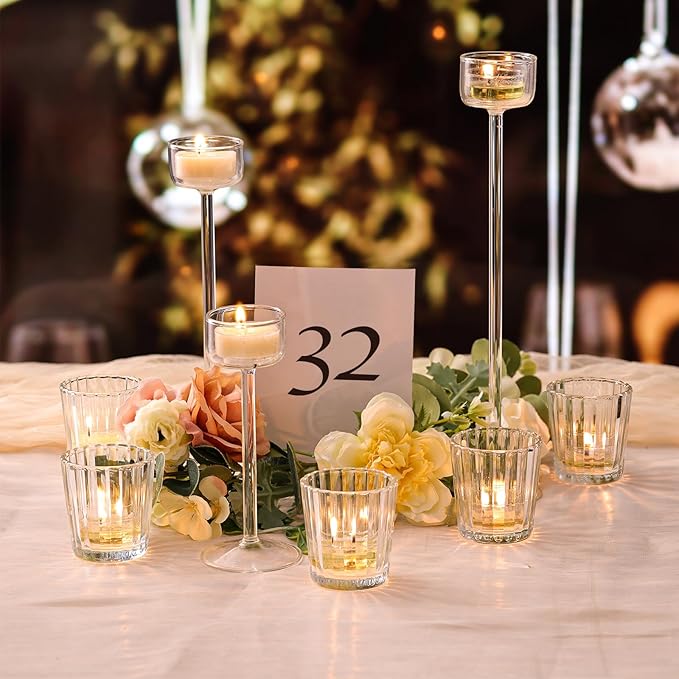 24pcs Vintage Ribbed Votive Candle Holders, Glass Candle Holder for Wedding Table Decor, Tea Lights Candle Holder for Table Centerpiece, Christmas, Holiday Decor
