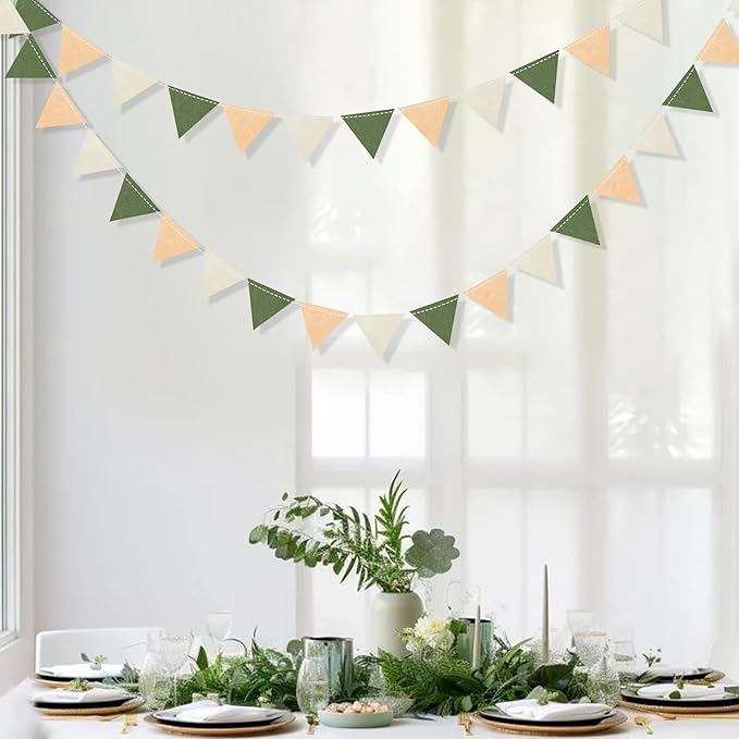 Sage Green Party Decorations Olive Green Tan Brown Cream Felt Hanging Triangle Mini Bunting Pennant Banner Flag for Safari Jungle Birthday Wedding Neutral Baby Shower Party Classroom Nursery Decor