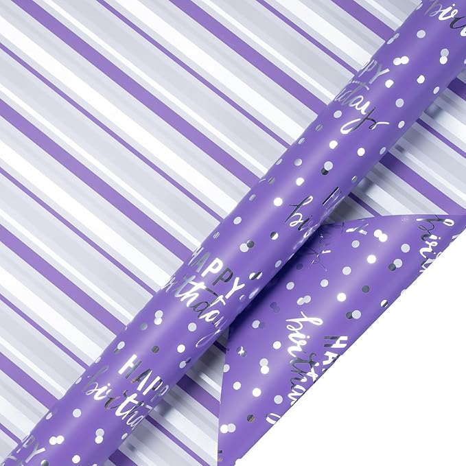 LeZakaa Reversible Purple Birthday Wrapping Paper Roll for Girls Women, Happy Birthday Lettering & Stripe Pattern with Metallic Foil in Purple, Mini Roll, 17 inches x 32.8 Feet (46.45 sq.ft.)