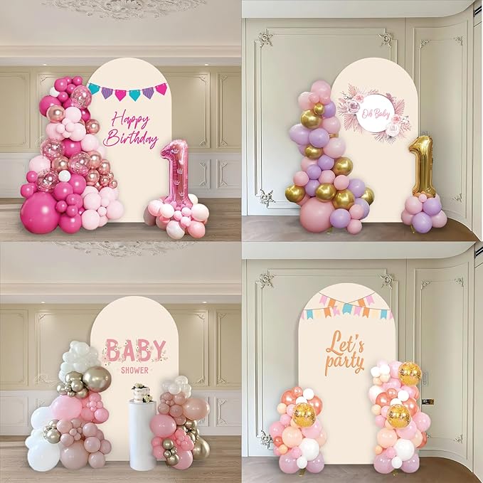 Metal Arch Backdrop Stand and Cover Set, 7.2FT Beige Reusable Spandex Fitted Backdrop Cover and Gold Wedding Arch Frame for Baby Shower, Birthday, Parties Decoration.
