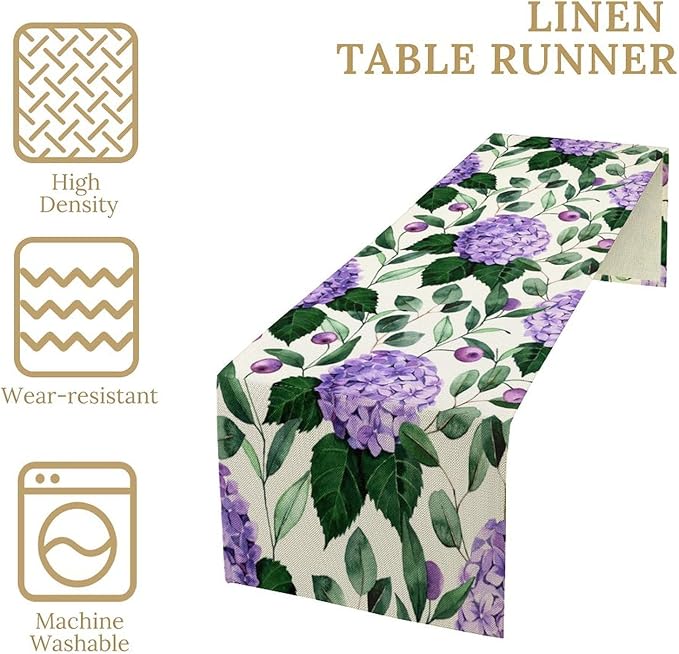 Spring Hydrangea Flower Table Runner, Seasonal Summer Plants Eucalyptus Leaves Purple Florals Dinner Runner for Home Kitchen Dining Table Party Holiday Decoration 13"x120"