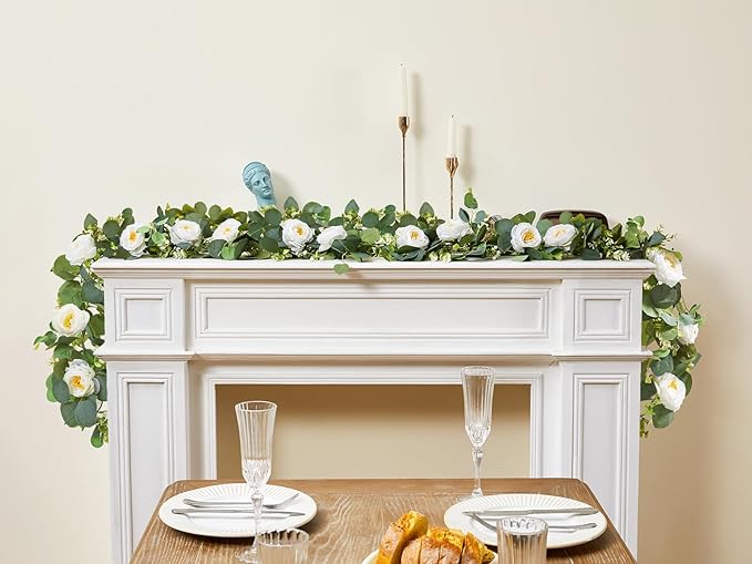 4 Pack Artificial Eucalyptus Flower Garland with White Roses, Fake Flowers Greenery Garland Flower Vines for Wedding Party Centerpiece Mantle Table Runner Spring Summer Home Decor (4PCS, White)