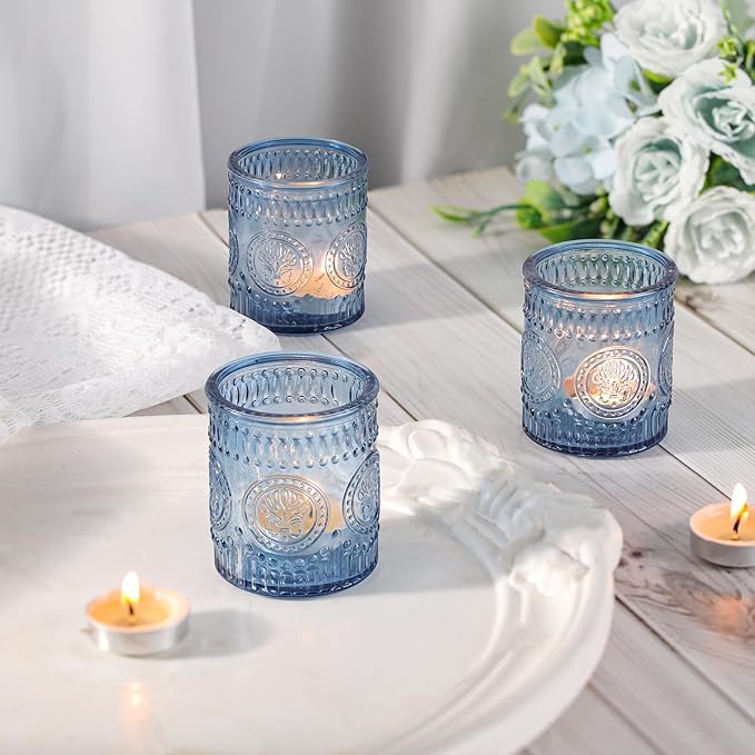 24 Pcs Blue Votive Candle Holders, Glass Tealight Candle Holders for Home Decor, Wedding Table Centerpiece, Birdal Shower, Party