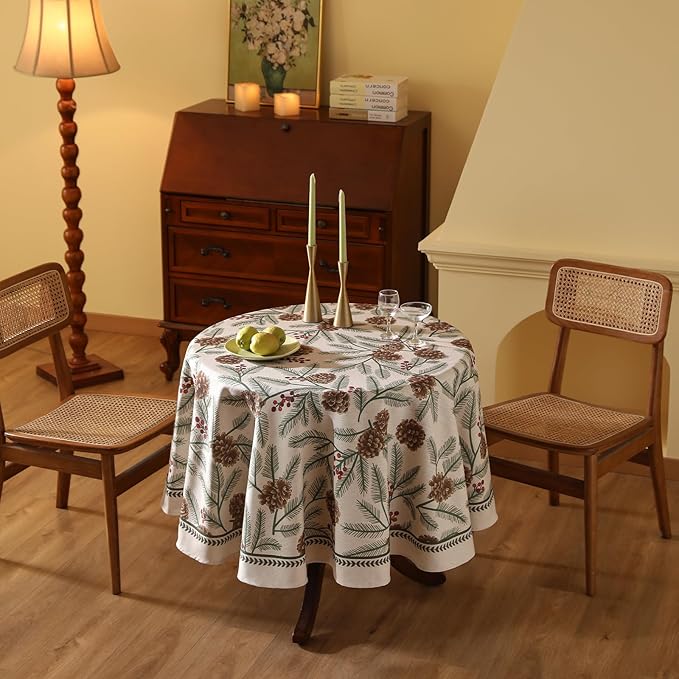 ISAENNE Designer Christmas Beige Linen Small Round Tablecloth,Pinecones Pattern Indoor Tablecloths,Washable Decor Table Cloth for Dining Thanksgiving Kitchen Christmas,Diameter 55"-Carol B