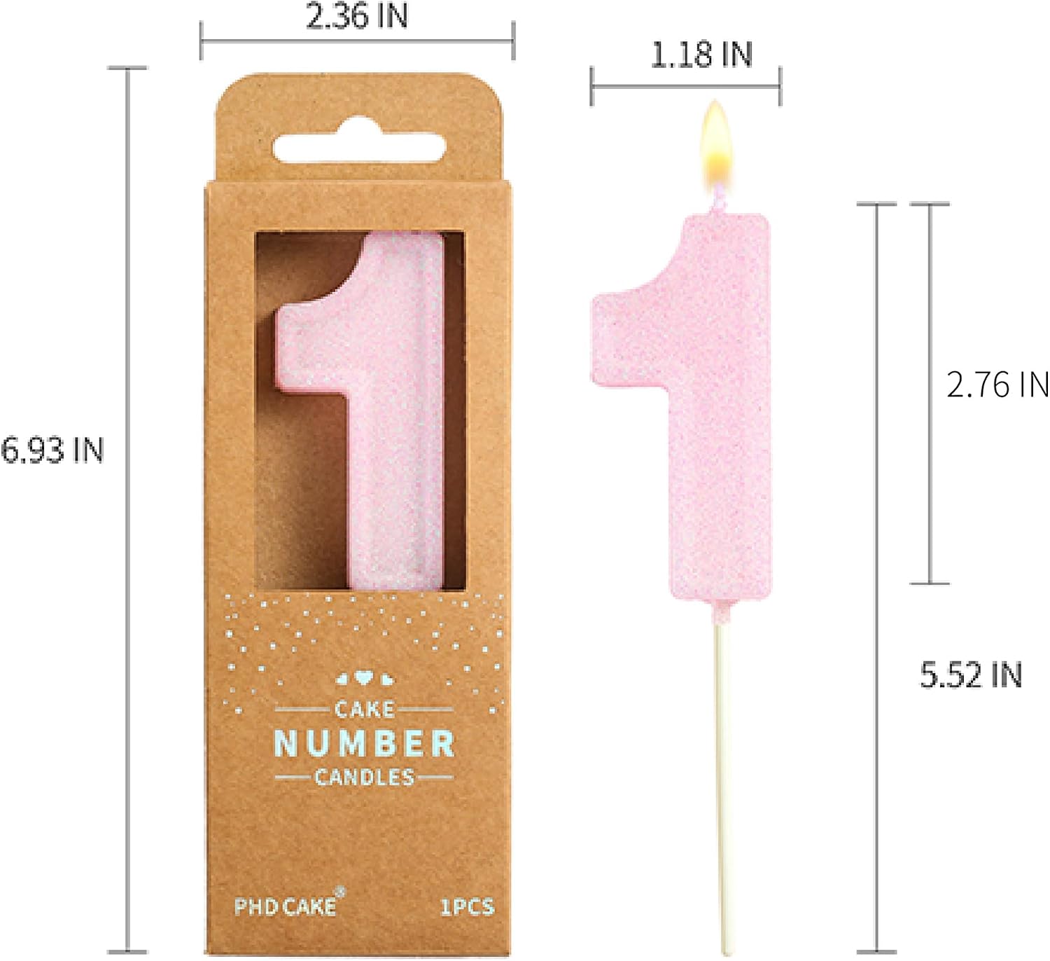 PHD CAKE 2.76 Inch Luxe Pink Glitter 1 Number Birthday Candles, Pink Number Candles, Cake Number Candles, Party Celebration